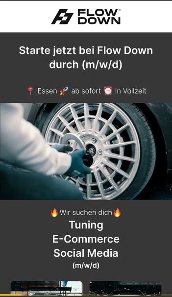 Funnel-Schritt 1: Startseite „Starte jetzt bei Flow Down durch (m/w/d)“ mit Werkstattbild.