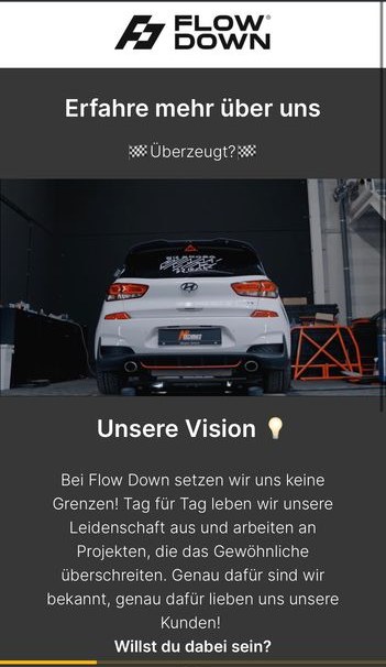Funnel-Schritt 2: „Erfahre mehr über uns“ mit Fahrzeugbild und Vision-Text.