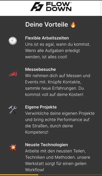 Funnel-Schritt 3: „Deine Vorteile“ mit flexiblen Arbeitszeiten, Messebesuchen, eigenen Projekten und neuester Technik.