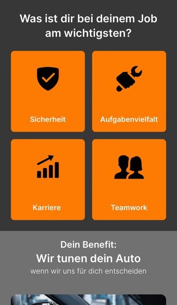 Funnel-Schritt 4: Fragebogen, Frage 1 von 3 „Was ist dir bei deinem Job am wichtigsten?“ mit vier Antwortkacheln.