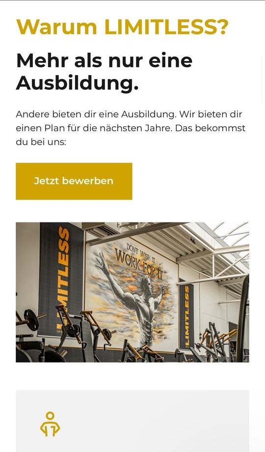 Funnel-Schritt 2: „Warum LIMITLESS? Mehr als nur eine Ausbildung.“ mit Studiobild und dem Hinweis auf Führungspositionen nach der Ausbildung.