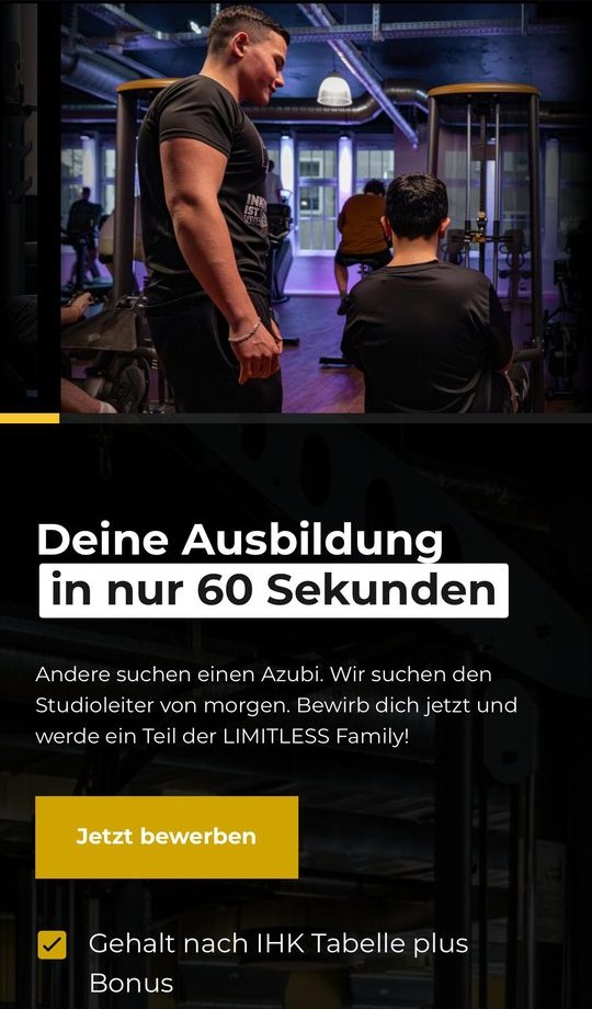 Funnel-Schritt 3: „Deine Ausbildung in nur 60 Sekunden“ mit Trainingsbild und einer Liste der Vorteile, darunter Bewerbung ohne Lebenslauf.