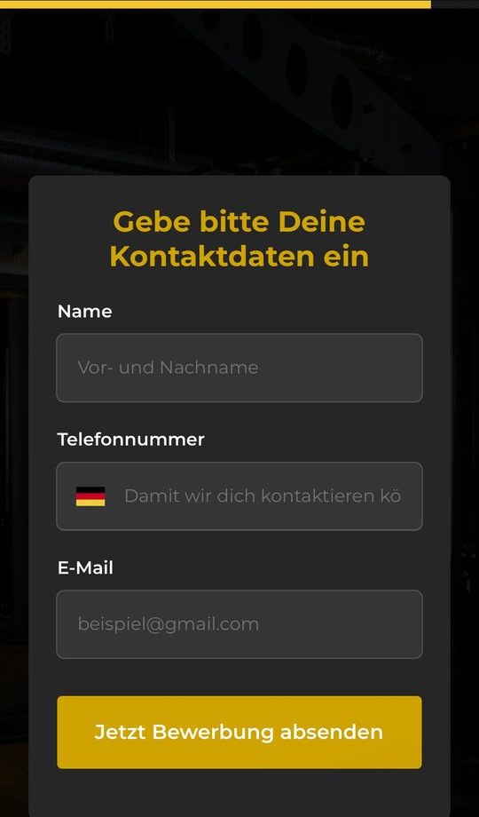 Funnel-Schritt 5: Kontaktformular mit Name, Telefonnummer und E-Mail und dem Button „Jetzt Bewerbung absenden“.