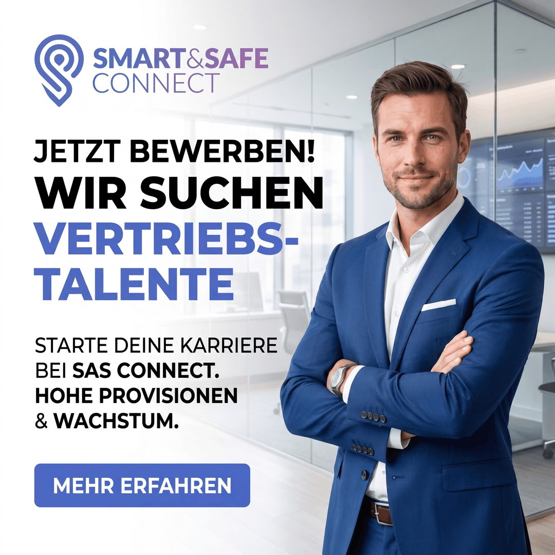 Original-Werbeanzeige von Smart & Safe Connect: ein Vertriebsmitarbeiter im blauen Anzug, Überschrift „Jetzt bewerben! Wir suchen Vertriebstalente“, darunter „Starte deine Karriere bei SAS Connect. Hohe Provisionen & Wachstum“ und der Button „Mehr erfahren“.
