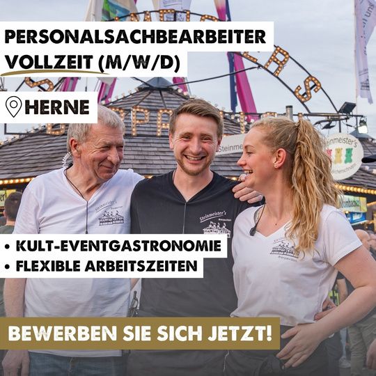 Original-Werbeanzeige der Steinmeister GmbH: drei Teammitglieder auf der Kirmes, Überschrift „Personalsachbearbeiter Vollzeit (m/w/d), Herne“.